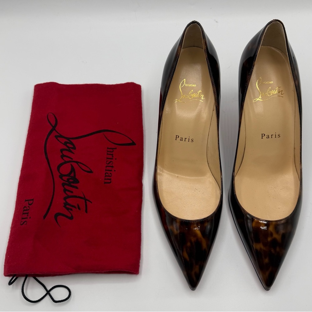 NEW Christian Louboutin Patent Leather Leopard Cheetah Kate Pumps 85 mm EU 36